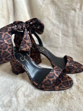 Jessica Simpson Leopard Print Ankle-Tie Block Heels - Brown/Black